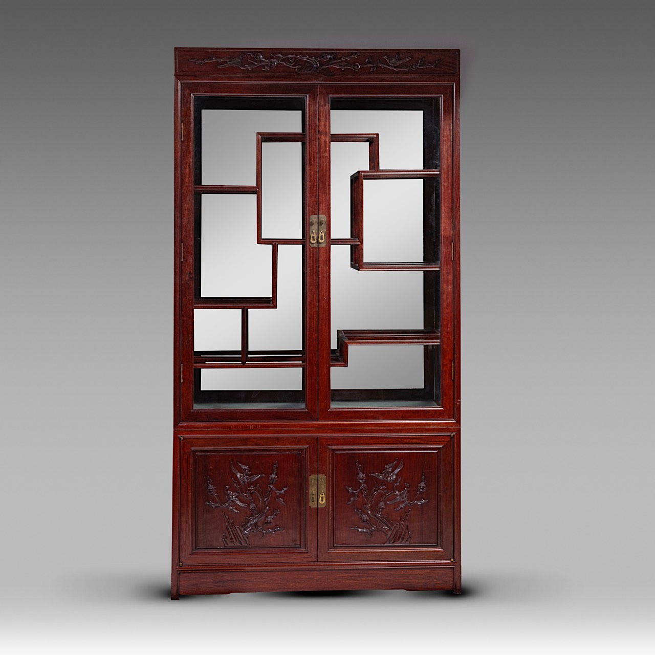 A Chinese hardwood display cabinet, with glass doors, 20thC, H 192 - W 102 - 33,5 cm