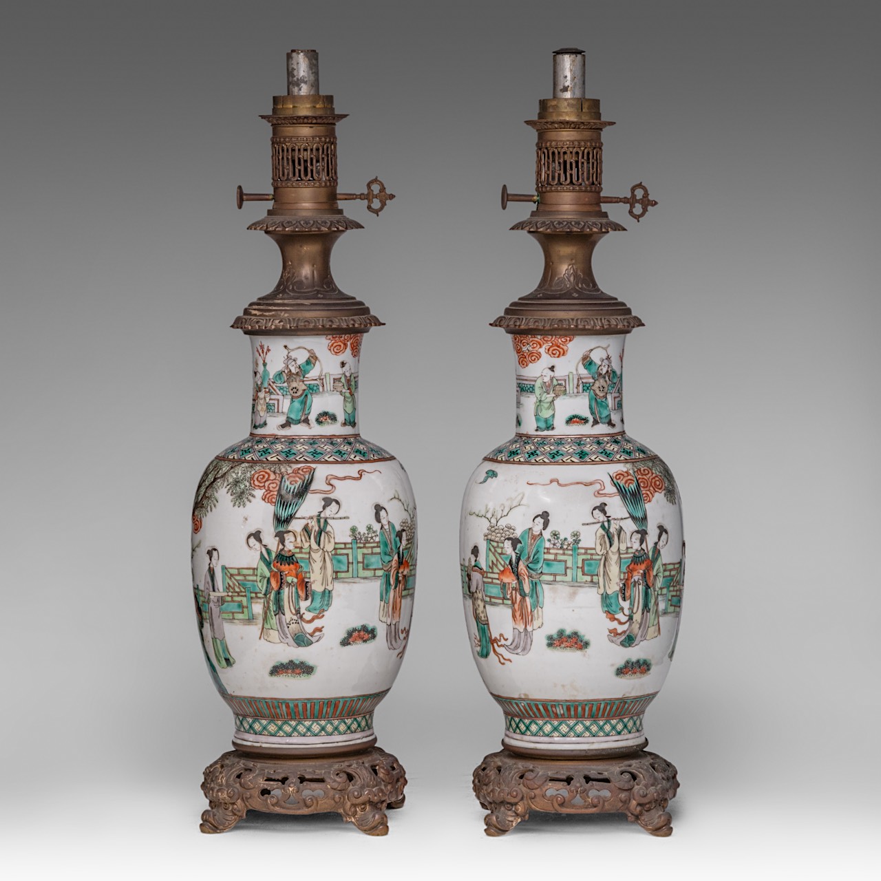 A pair of Chinese famille verte 'Immortals in a Garden' vases, fixed with lamp mounts, late 19thC, T - Image 5 of 5