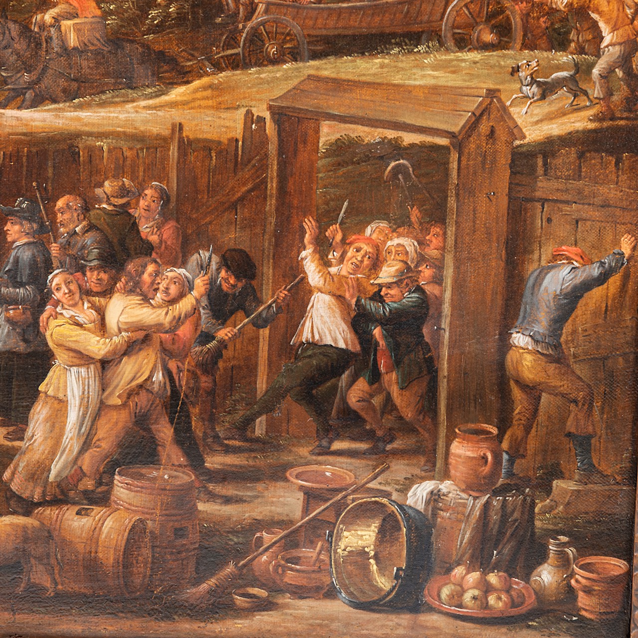 Attrib. to David II Teniers (1610-1690), village with an inn and peasants feasting and dancing, oil - Image 8 of 10