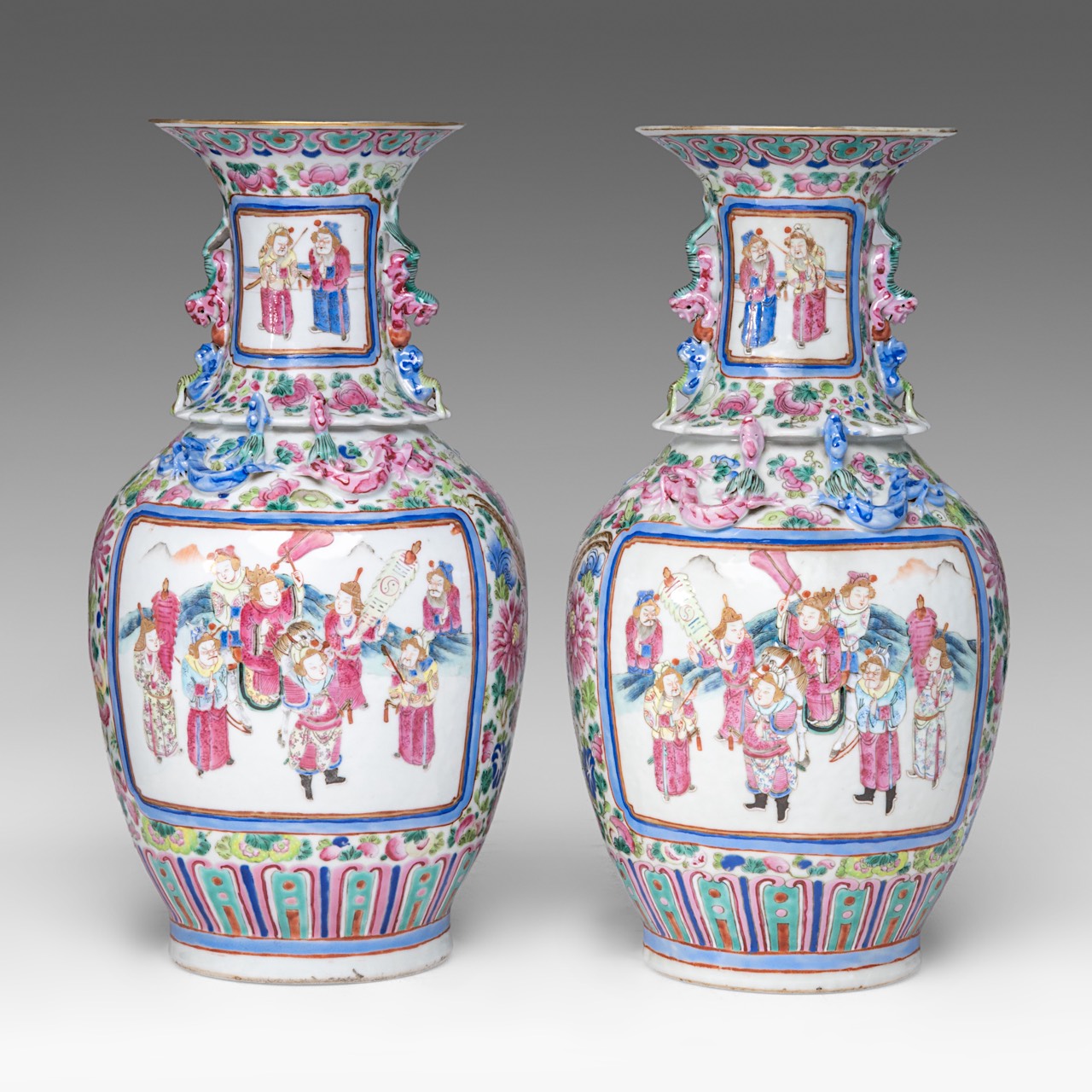 A pair of Chinese famille rose 'Romance of the Three Kingdoms' vases, late 19thC, H 43 cm - added a - Image 2 of 13