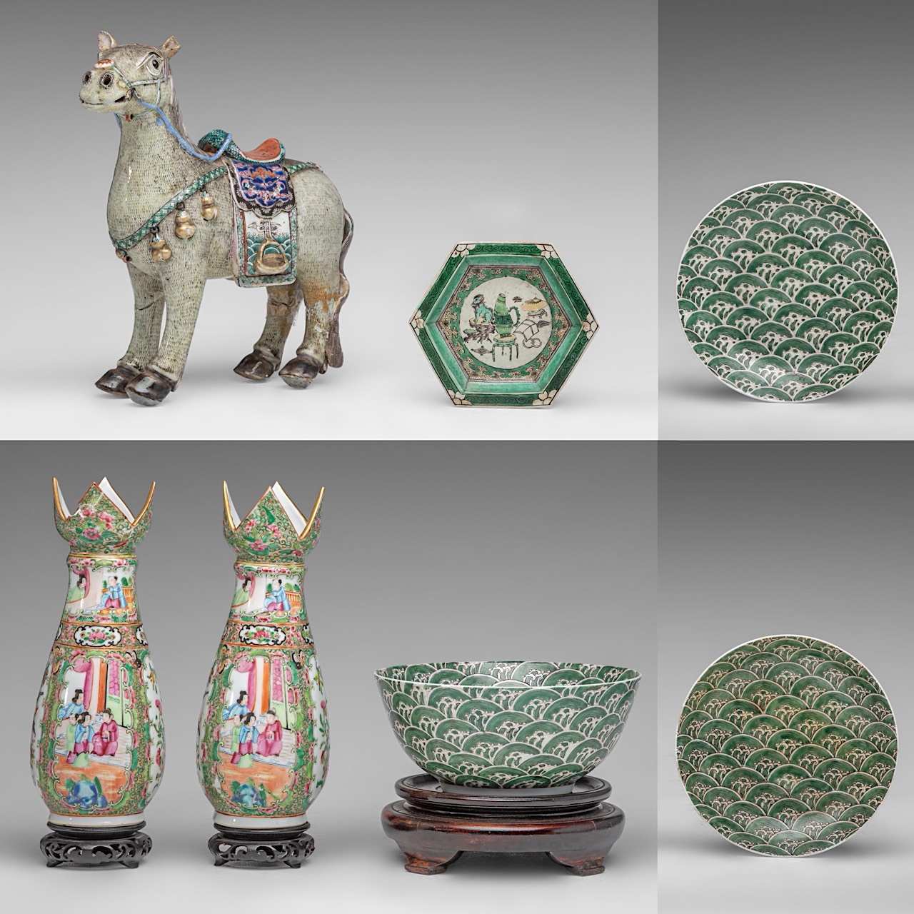 A small collection of Chinese famille verte, rose and Canton ware, incl. a famille rose figure of a