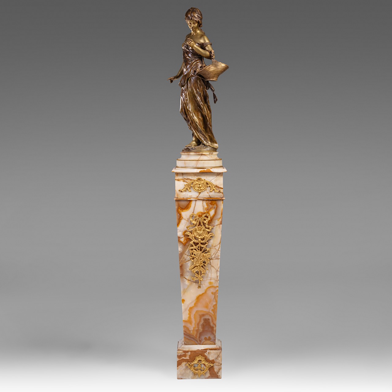 Auguste Moreau (1834-1917), lady with flower basket, patinated bronze on a Neoclassical onyx pedesta - Image 4 of 14