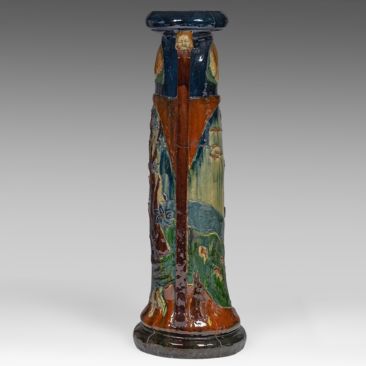 An imposing Art Nouveau polychrome earthenware cachepot on stand by the Caesens pottery manufactory, - Image 4 of 19