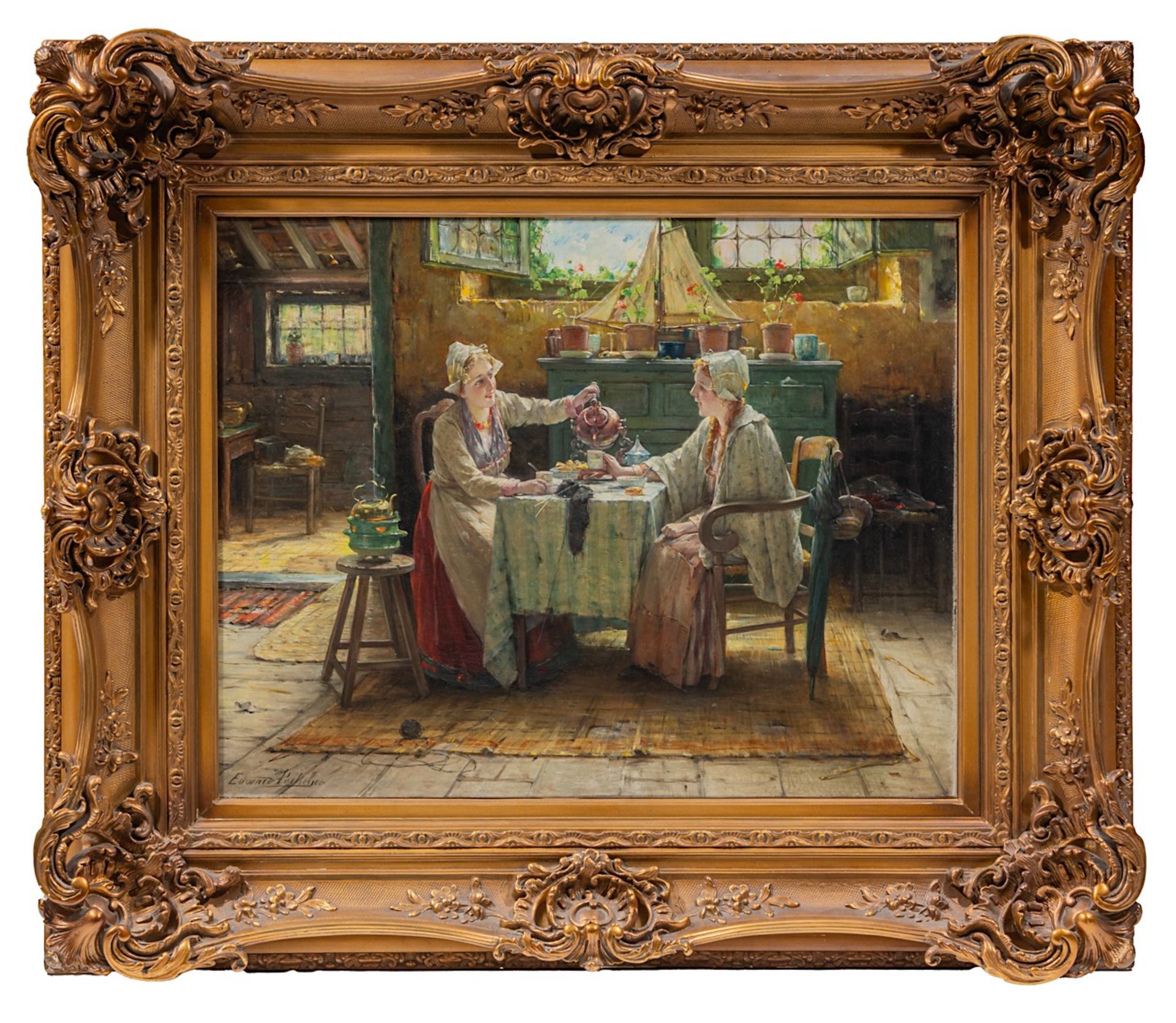 Edward Portielje (1861-1949), tea time, oil on canvas 50 x 70 cm. (19.6 x 27.5 in.), Frame: 81 x 94 - Image 2 of 6