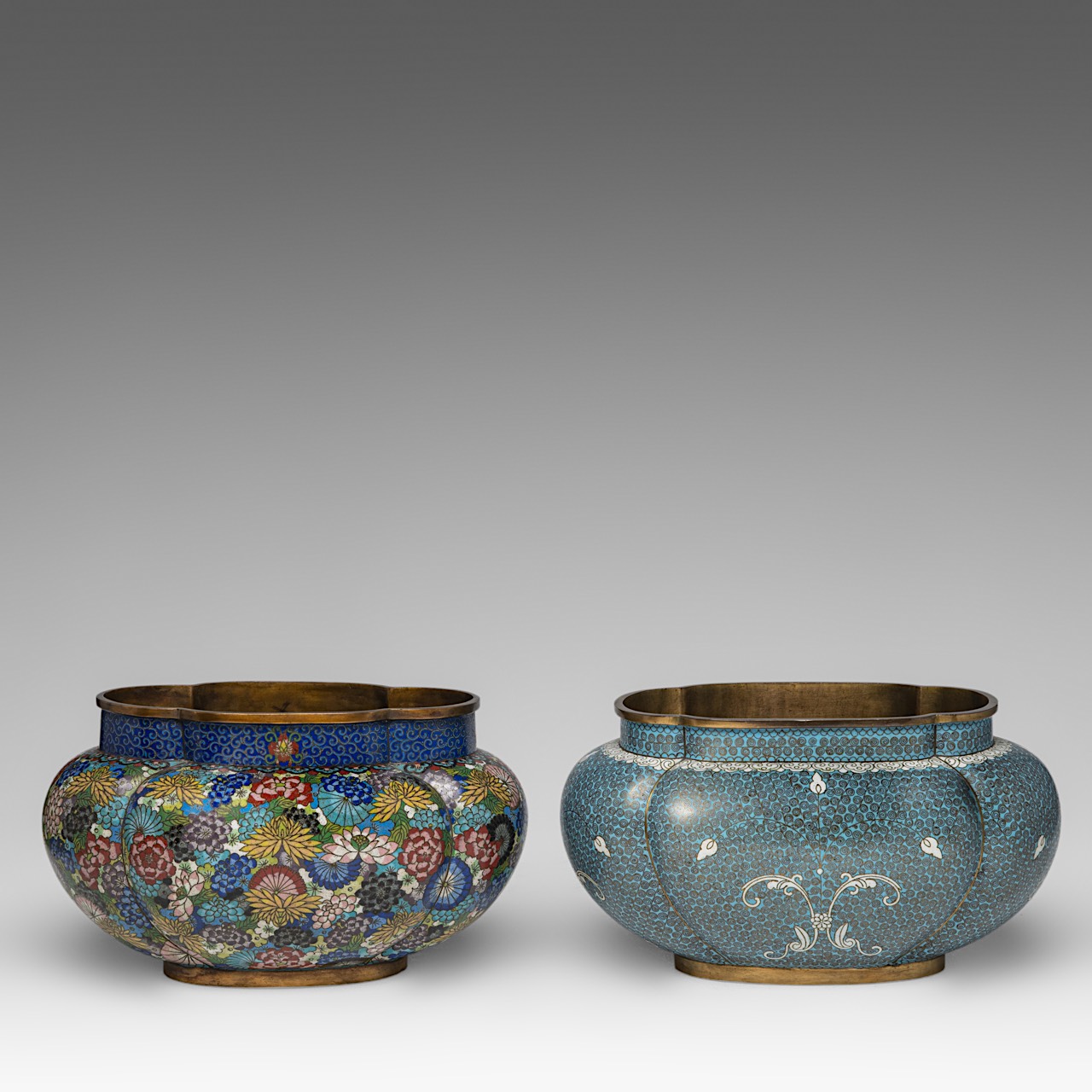 A small collection of two Chinese cloisonne narcissus planters and a pair of Canton enamelled double - Image 8 of 10