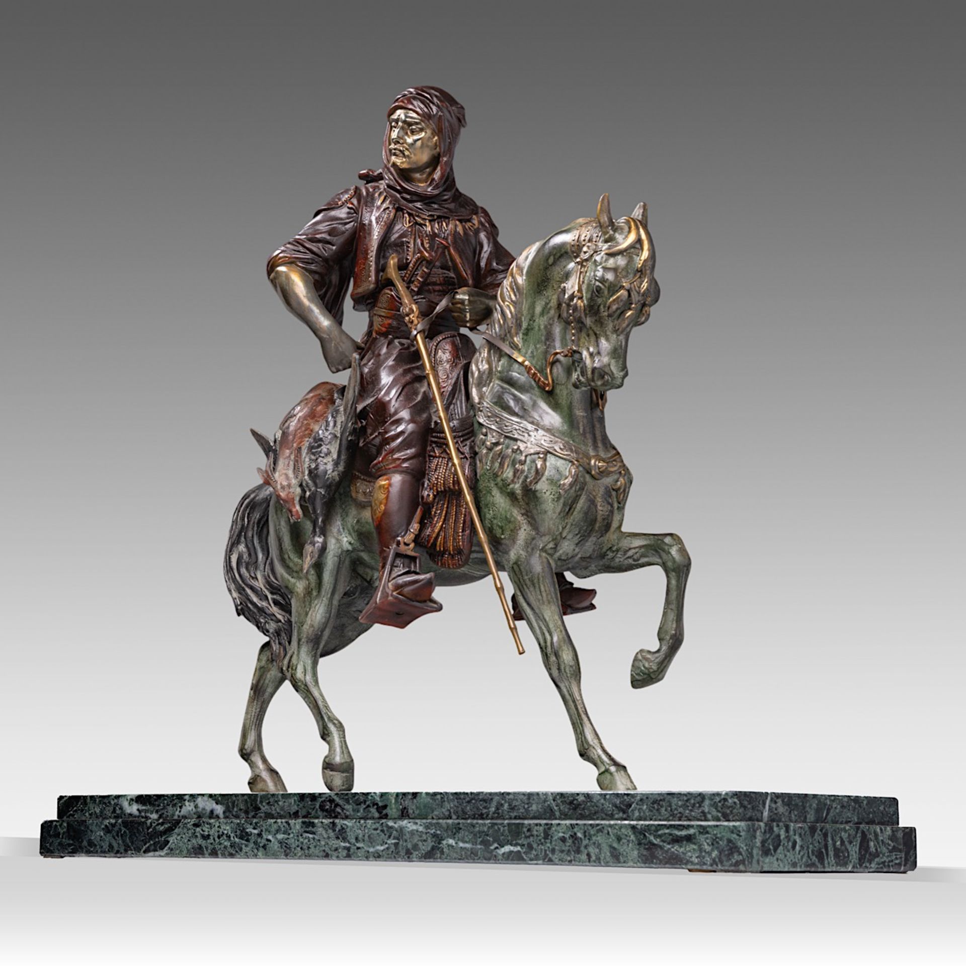 Attrib. to Alfred Barye (1839-1882), Arab horseman, patinated spelter on a vert de mer marble base, - Image 8 of 10