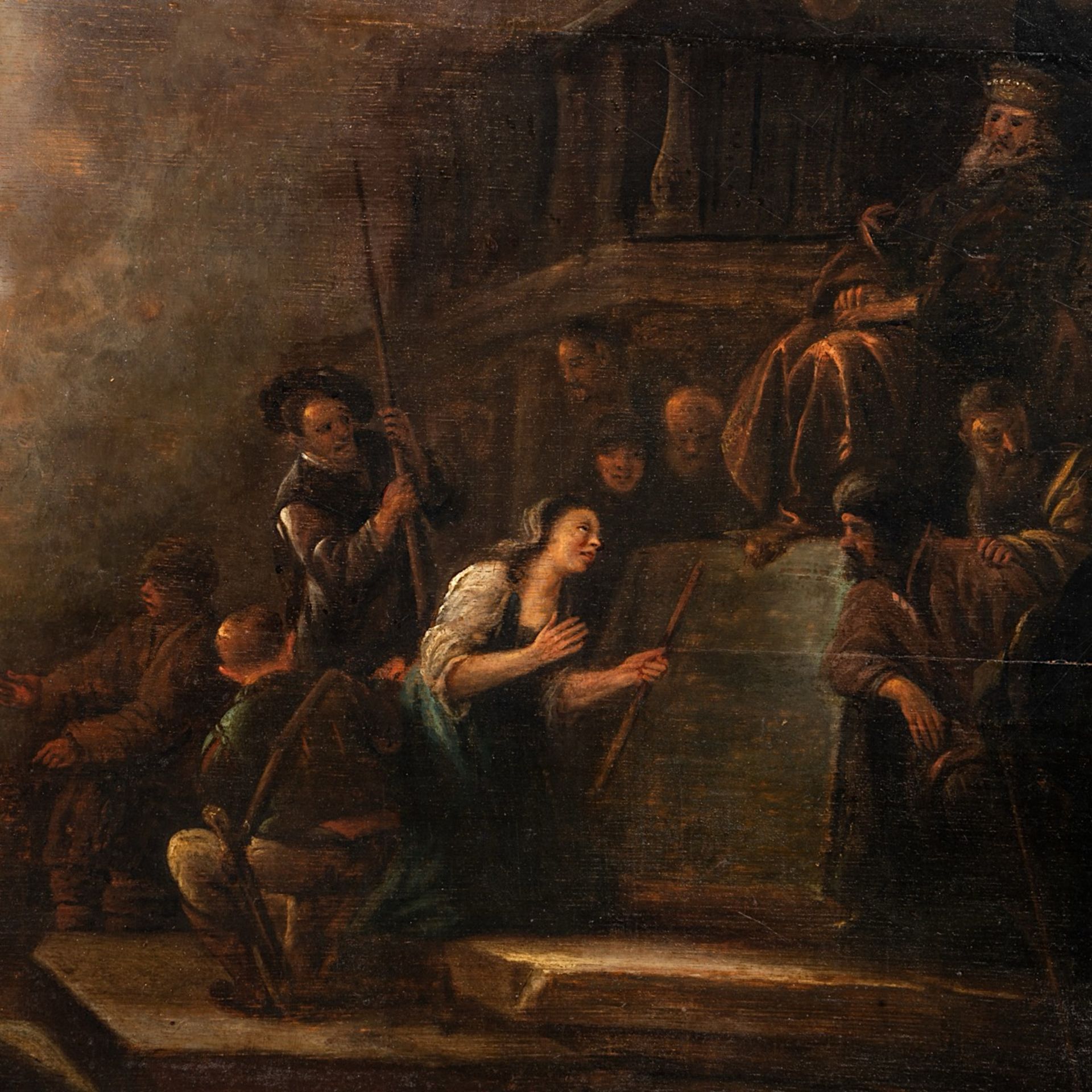 Attrib. to Jacob Willemsz De Wet de Oude (c. 1610-1675), a woman begging for mercy, oil on oak 50 x - Image 4 of 5