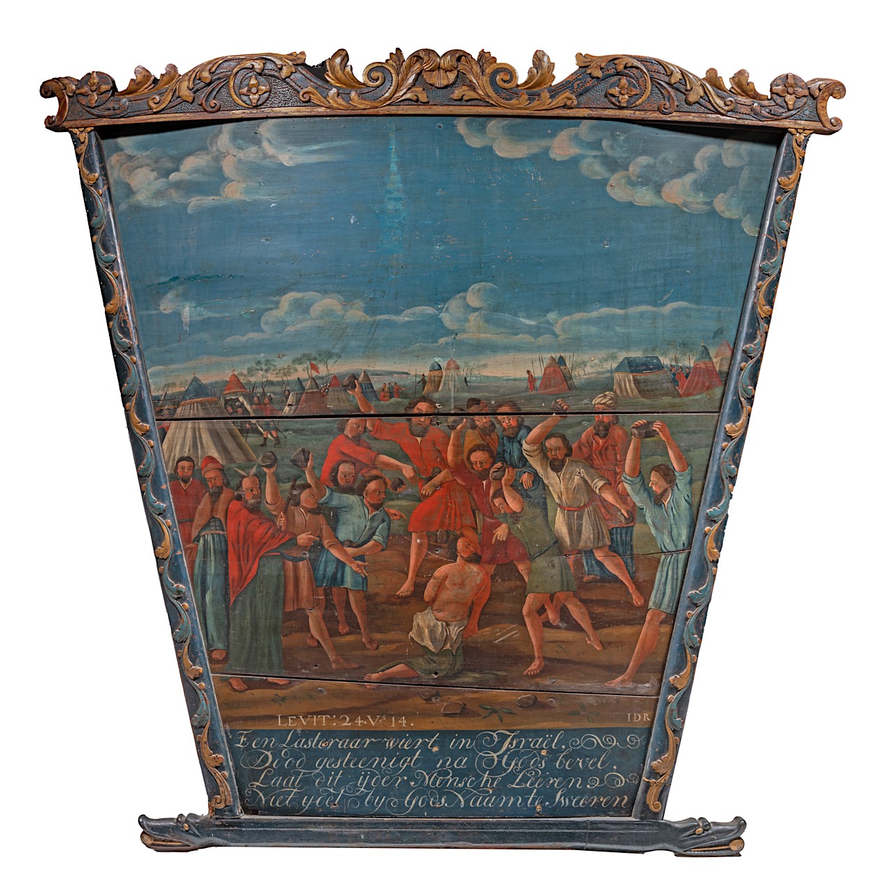 An 18thC Dutch moralizing painted and carved panel depicting the bible story of Leviticus 24:14 130