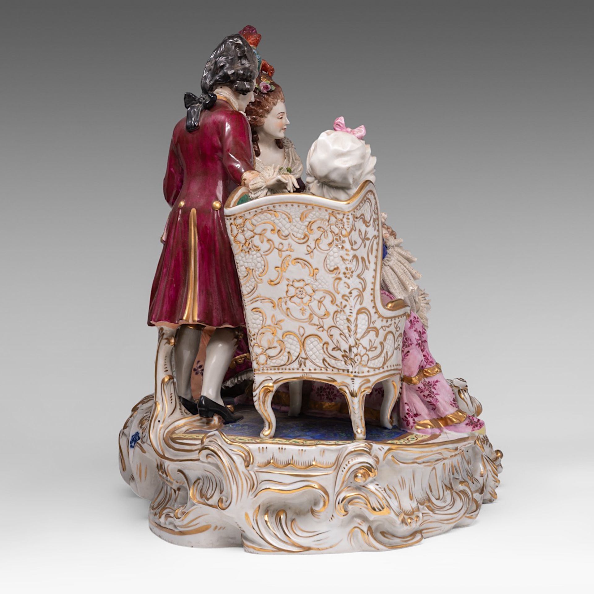 A large Saxony polychrome porcelain group depicting a gallant scene in a Rococo setting, H 40 - W 55 - Image 6 of 15