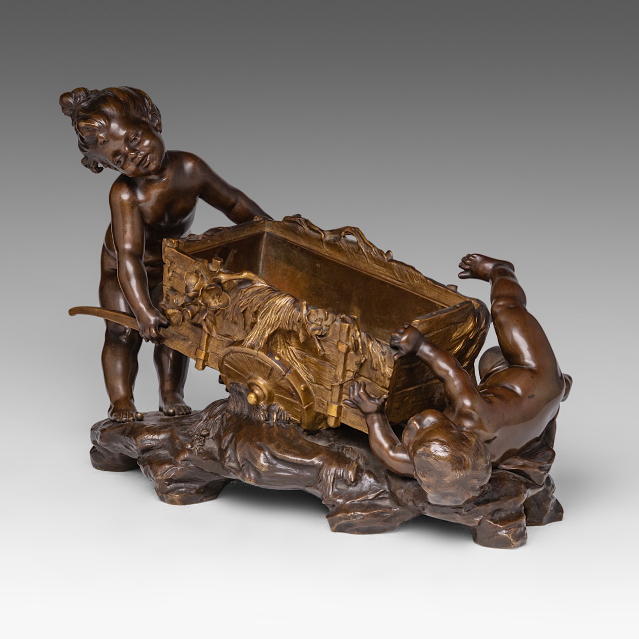 Auguste Moreau (1834-1917), two children playing with a chariot, patinated bronze plant stand, H 28 - Image 2 of 9