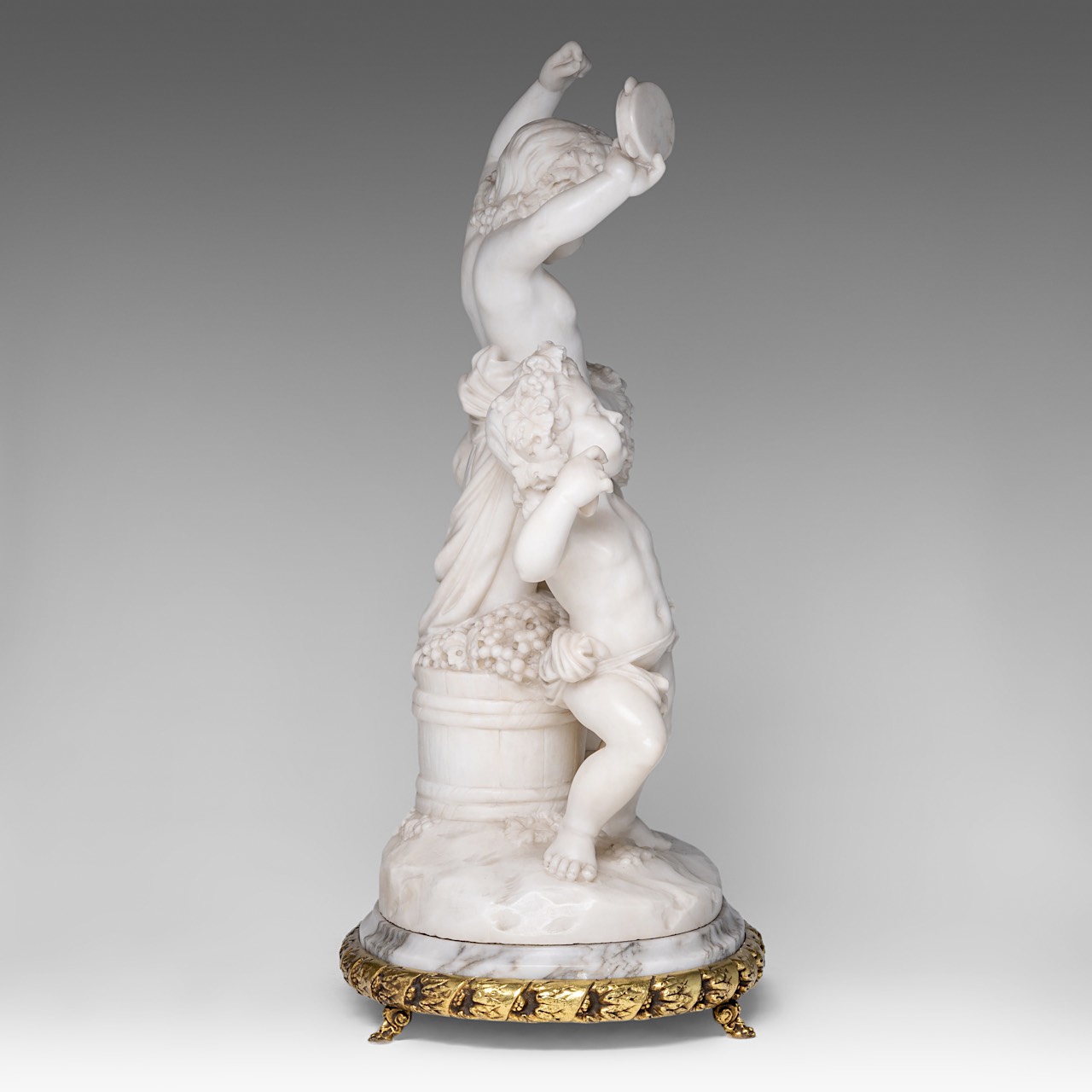 A charming alabaster group of playing putti, on a gilt brass stand, H 68 cm (total) - Image 5 of 9