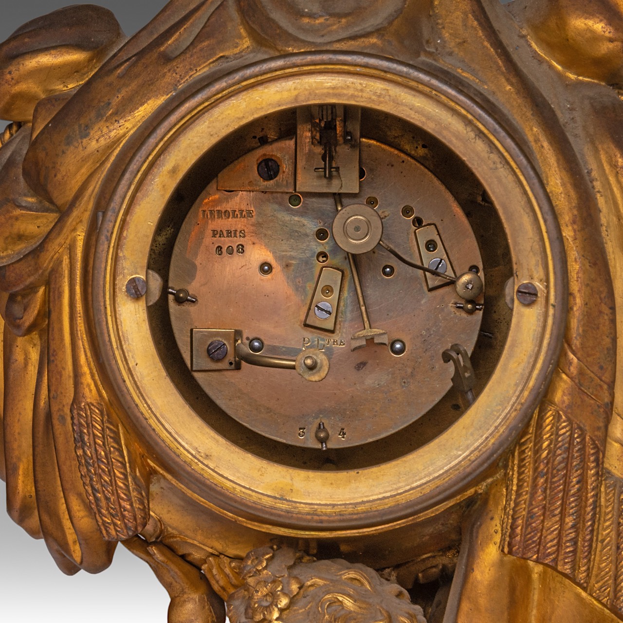 A Neoclassical gilt bronze mantle clock with putti holding the clock case, Lerolle, Paris, H 61 cm - Image 7 of 7