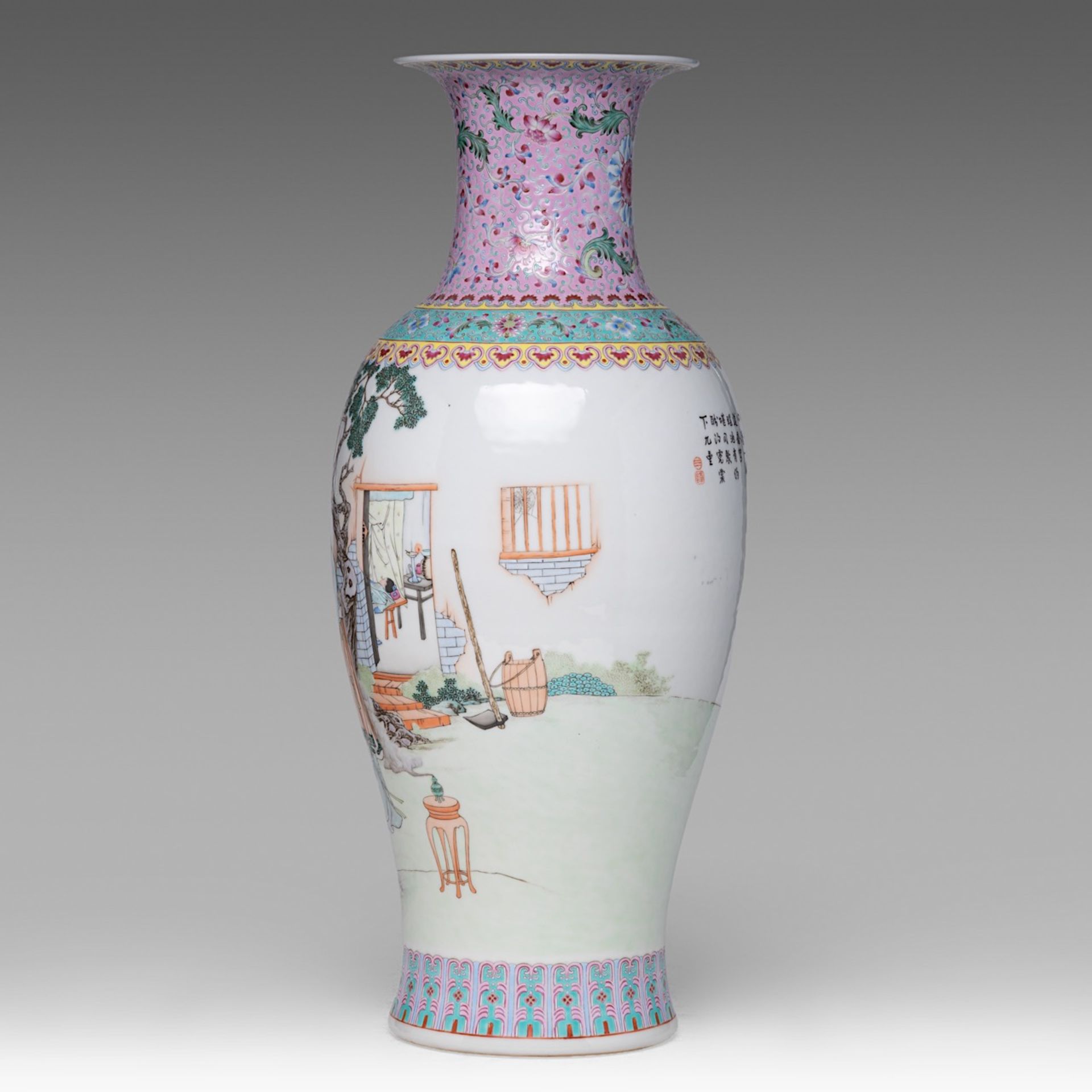 A Chinese famille rose 'Court Ladies in a Garden' baluster vase, the back with a signed text, 20thC, - Bild 2 aus 6