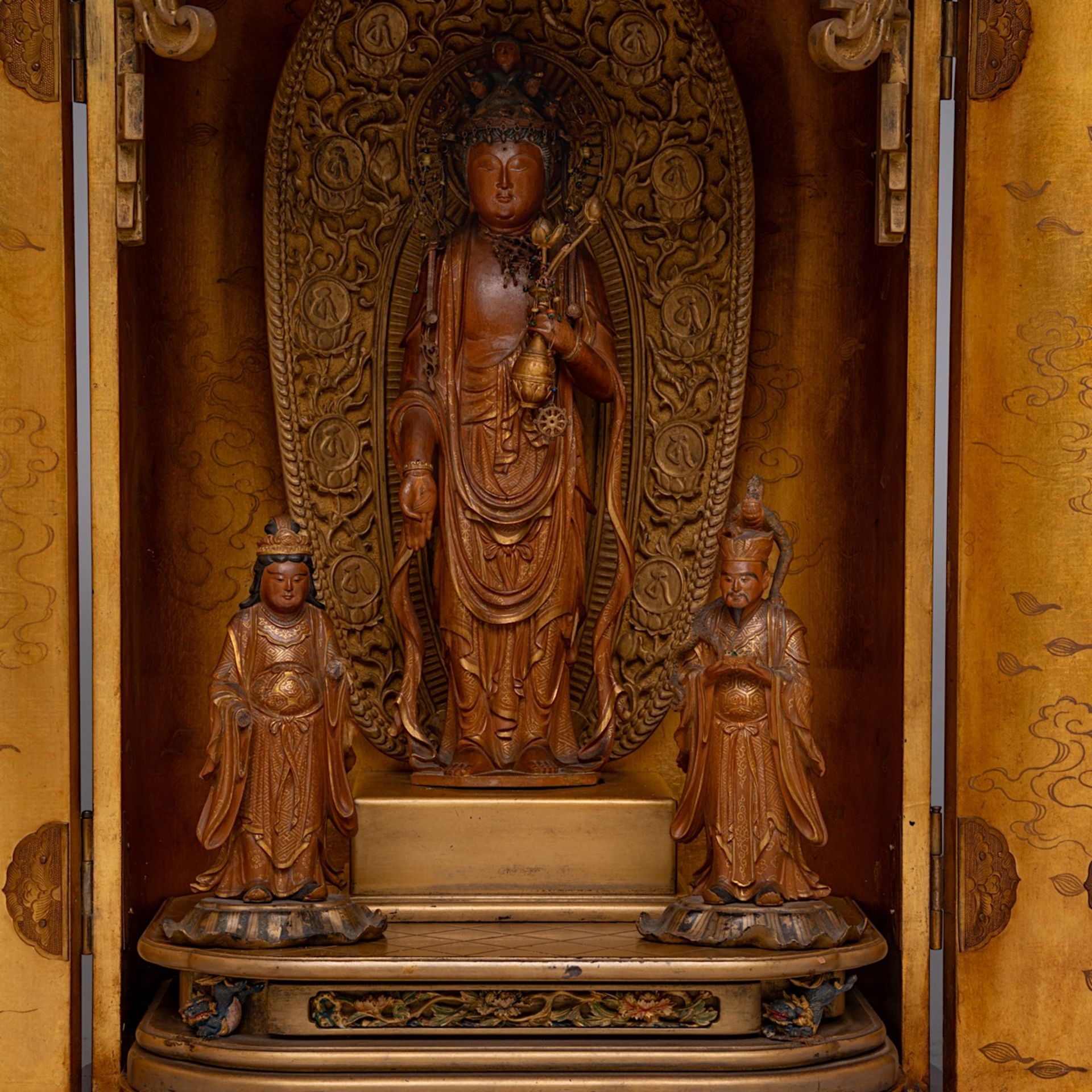 A Japanese zushi travelling shrine with standing Bodhisattva Avalokiteshvara (Kannon) and acolytes, - Image 2 of 7