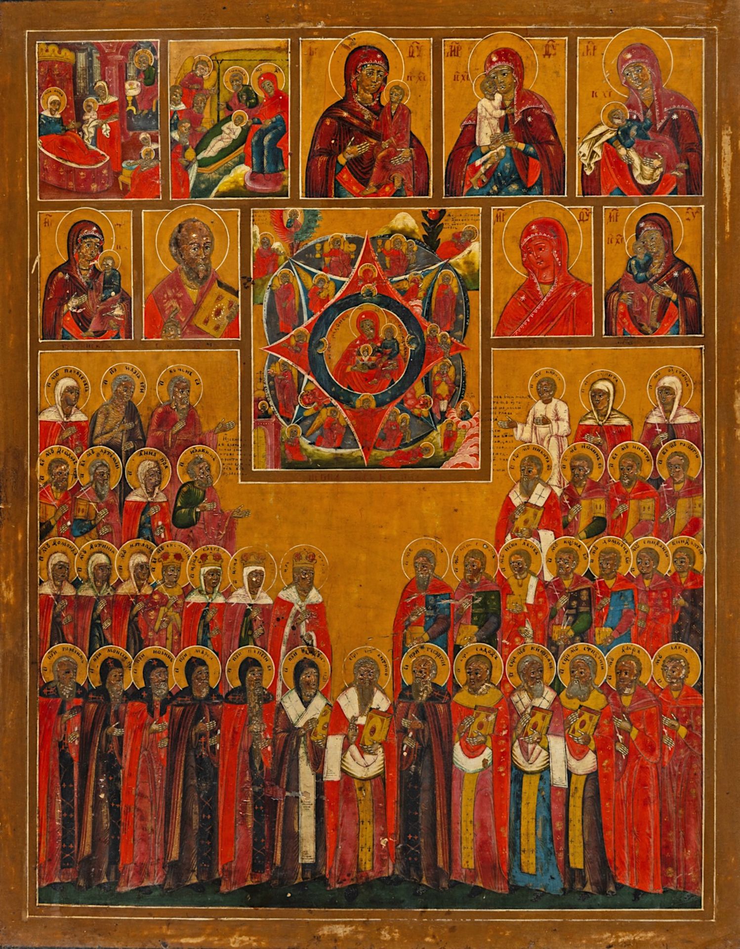 A large Russian icon, depicting several scenes with the Holy Virgin, 19thC 54 x 43 cm. (21.2 x 16.9