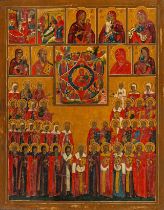 A large Russian icon, depicting several scenes with the Holy Virgin, 19thC 54 x 43 cm. (21.2 x 16.9