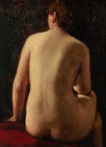 Josse Impens (1840-1905), female nude, seen from the back, oil on mahogany 21.5 x 16 cm. (8.4 x 6.3
