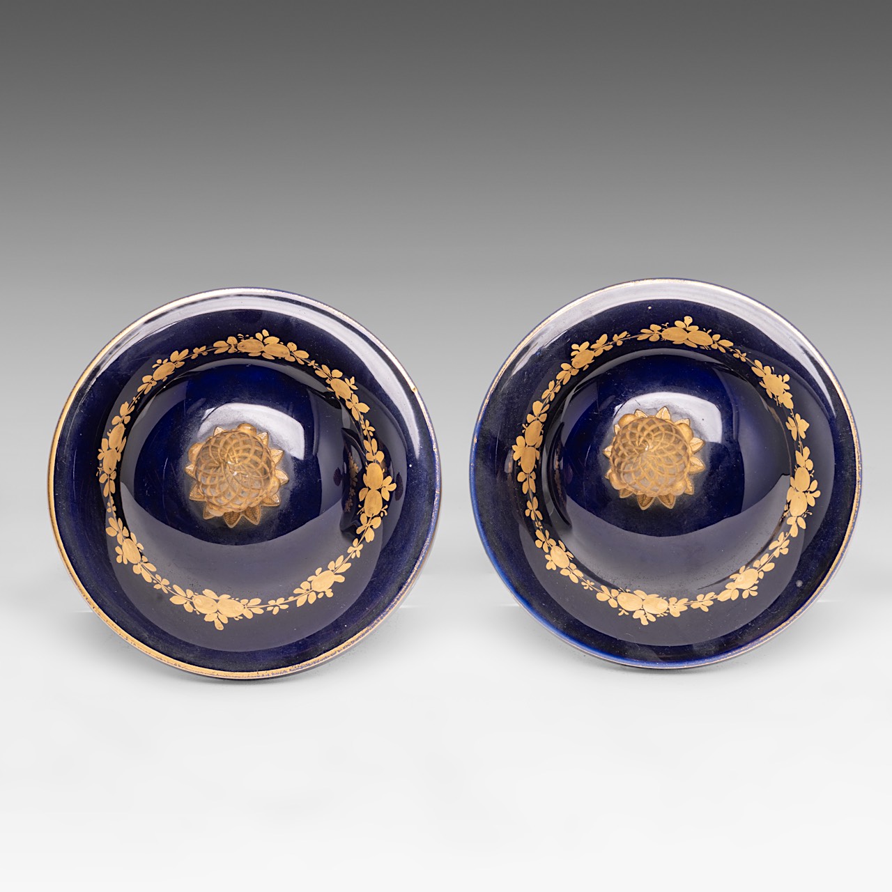 A pair of blue royale ground Sevres vases with hand-painted gallant scenes and gilt bronze mounts, H - Image 9 of 12