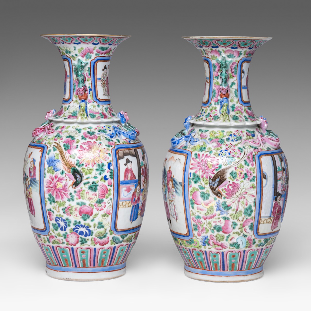A pair of Chinese famille rose 'Romance of the Three Kingdoms' vases, late 19thC, H 43 cm - added a - Image 3 of 13