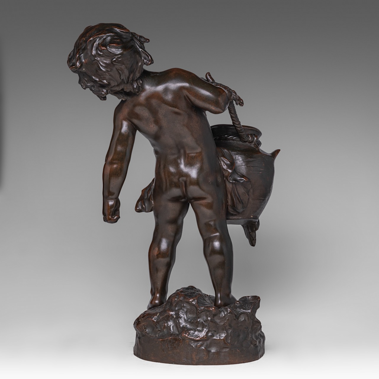 Auguste Moreau (1834-1917), boy holding a cracked jug, patinated bronze, H 55 cm - Image 3 of 7