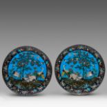 A pair of large Japanese cloisonne enamelled plates with scenes of cranes, late Meiji (1868-1912), b