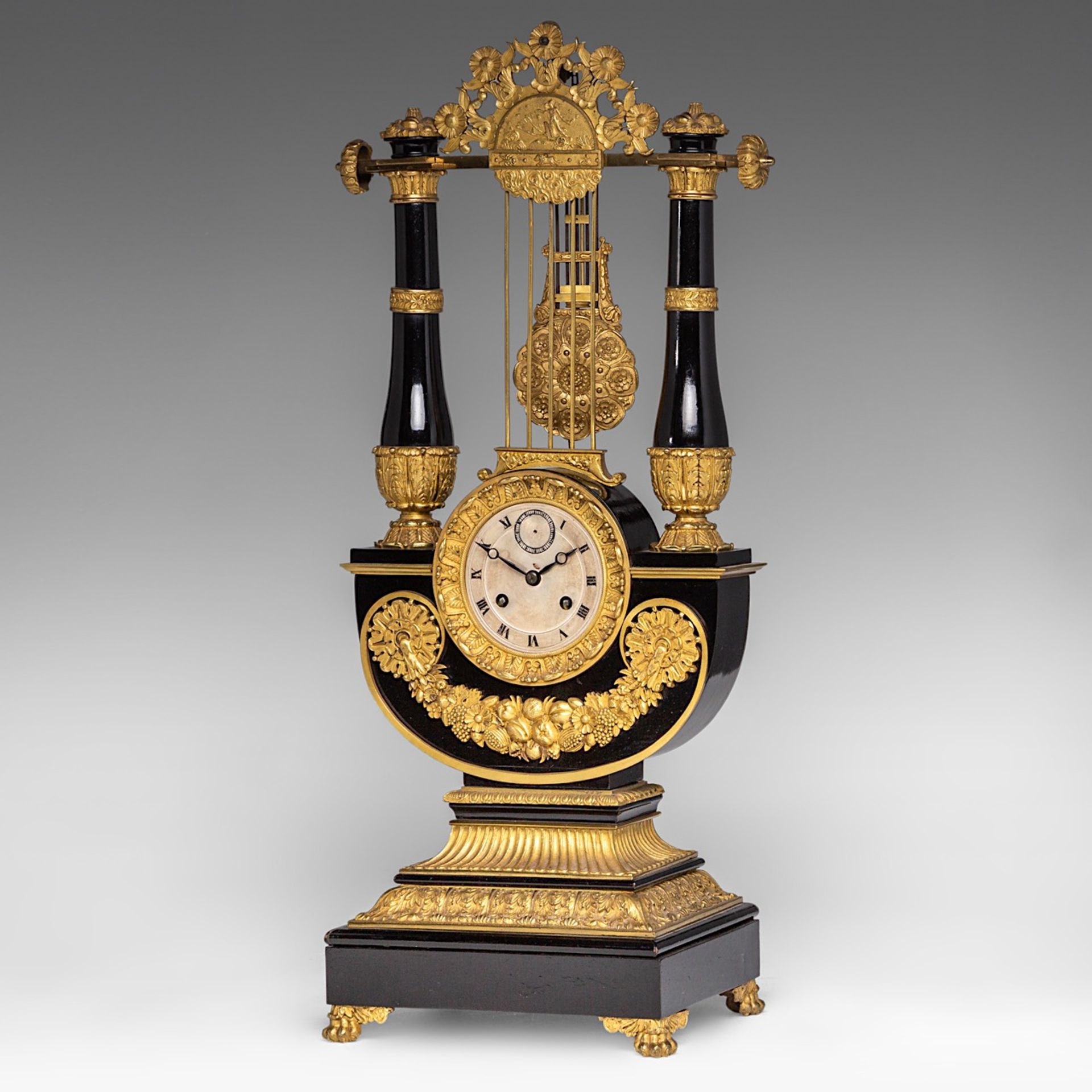 A French Restoration black lacquered and gilt bronze mounted lyre-shaped mantle clock, H 58 cm - Image 2 of 8