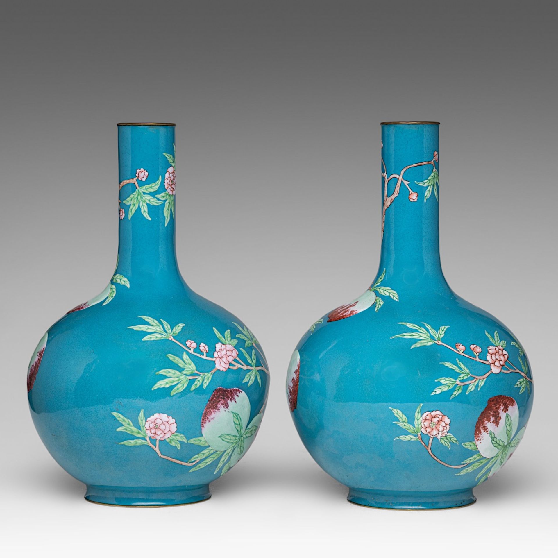 A fine pair of Chinese turquoise ground Canton enamel on copper 'Nine Peaches' bottle vases, late Qi - Image 3 of 6