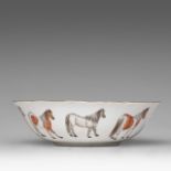 A Chinese polychrome 'Eight Horses' deep plate, Tongzhi mark and of the period, dia 25,5 cm