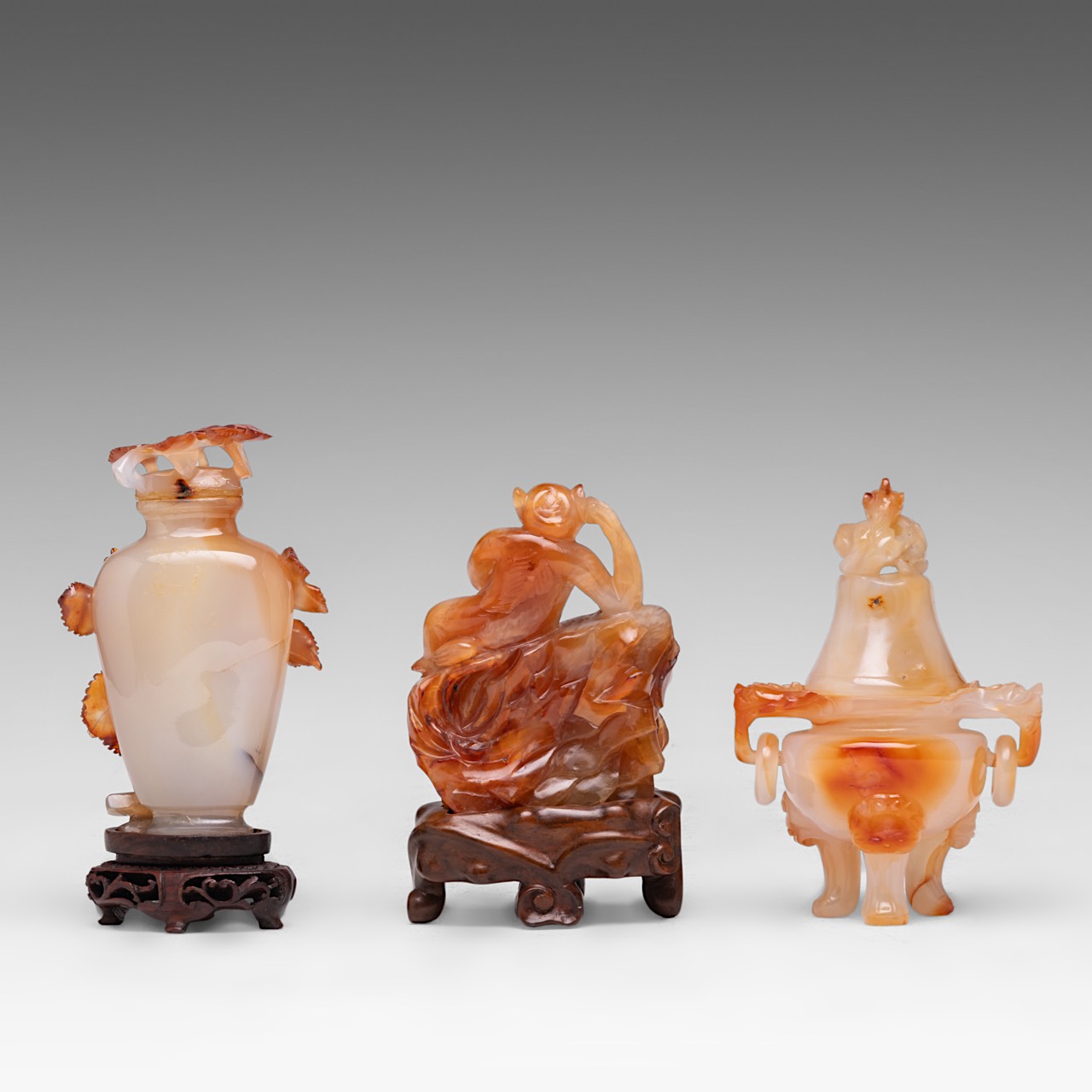 Three Chinese carnelian agate carvings: a tripod censer and cover, a 'Prunus' snuff bottle, 'Monkey - Image 3 of 8