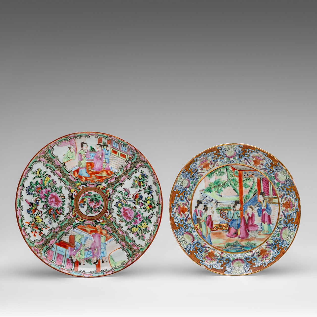 Eight Chinese Canton rose mandarin and rose medallion dishes, 19thC, dia 20 cm - added a famille noi - Image 9 of 16