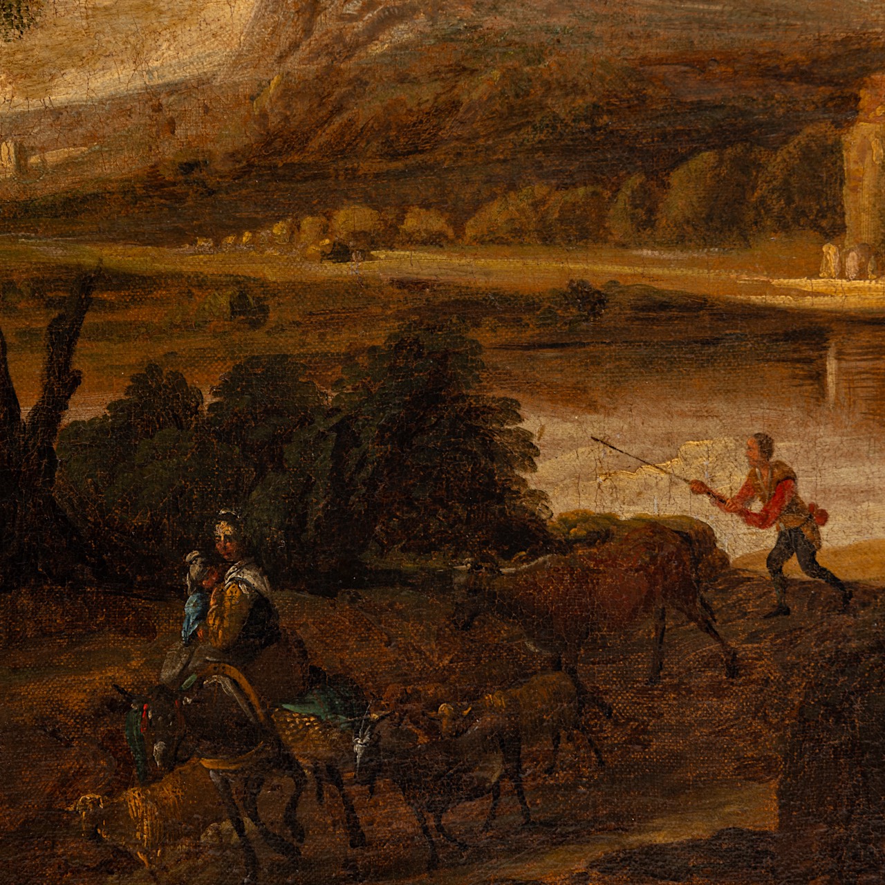 An Italianised pastoral landscape, 17thC Dutch School, oil on canvas 77 x 110 cm. (30.3 x 43.3 in.), - Image 6 of 6