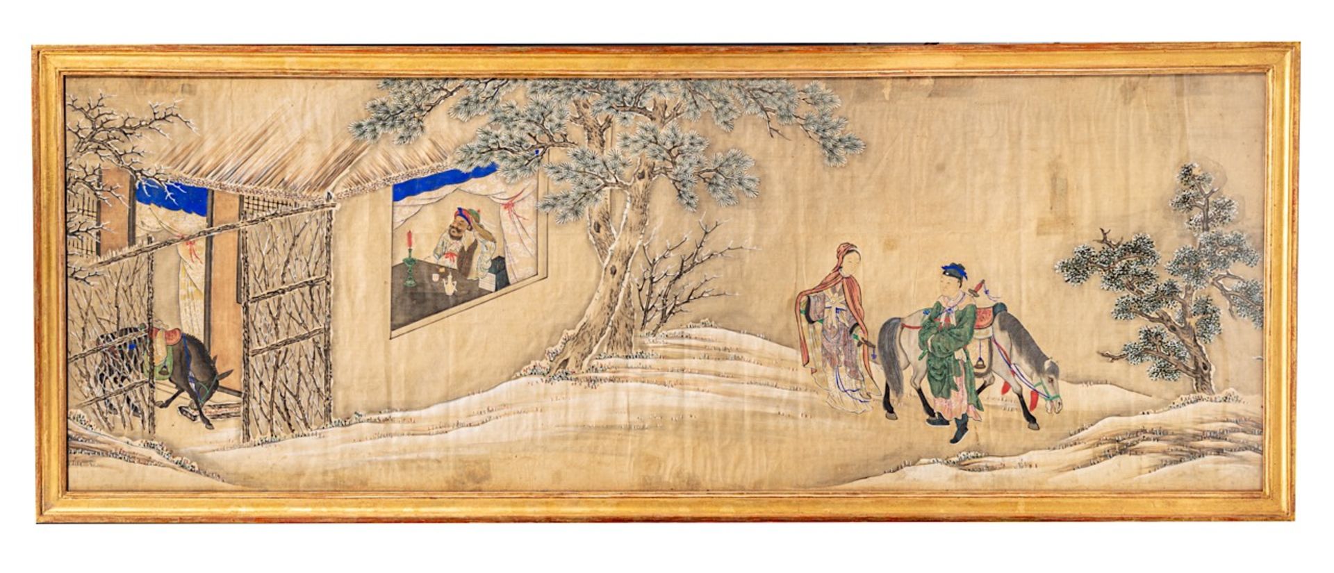 A Chinese 'Lady and Protector in the Snow' painting, ink and colour on linen, Qing dynasty, 41,5 x 1
