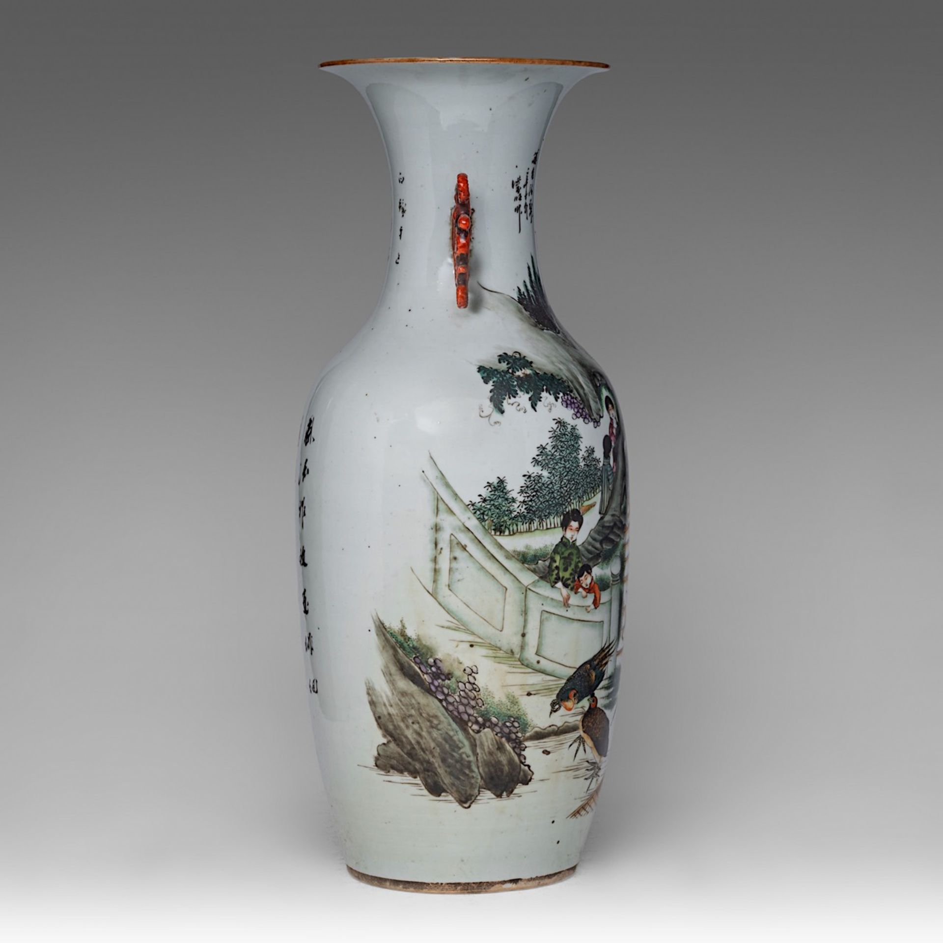 A Chinese famille rose 'Townsmen in the Park' vase, signed texts, paired with lingzhi handles, Repub - Image 4 of 6