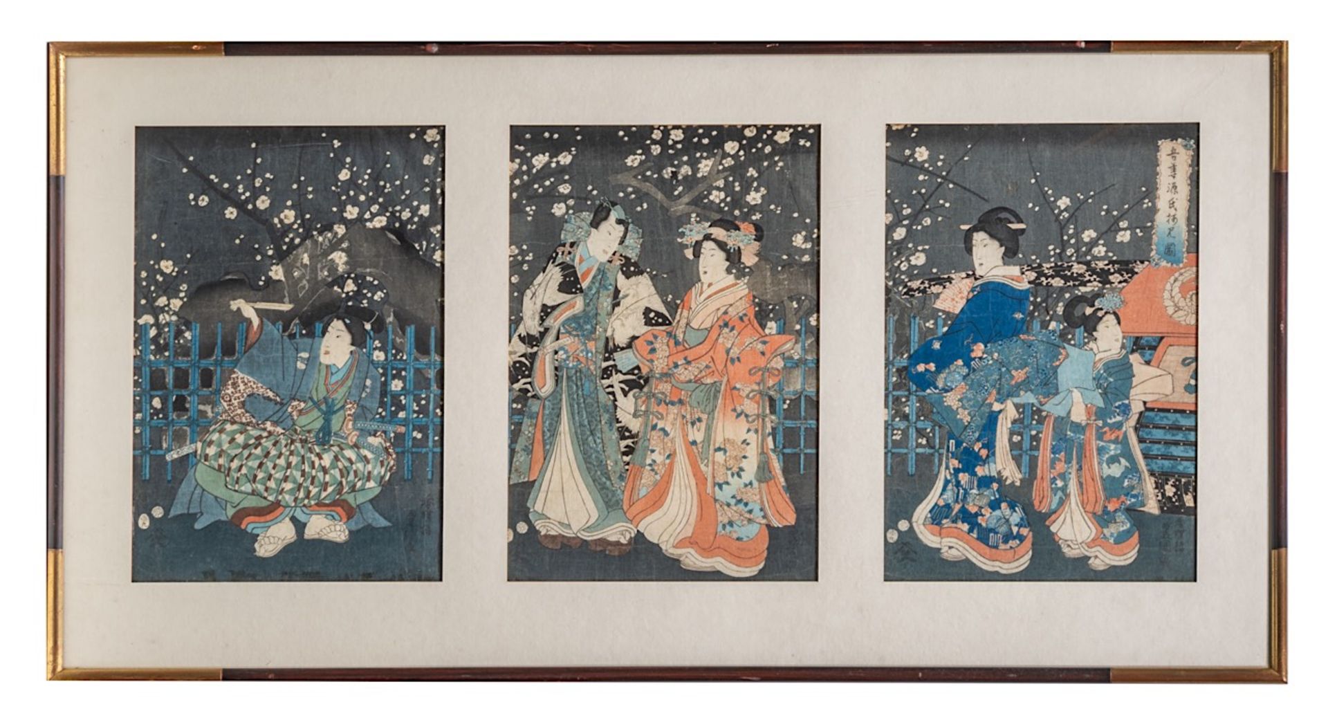 A large Japanese woodblock print by Kitao Masanobu (1761-1816) and a triptych by Kunisada (1786-1865 - Image 3 of 10