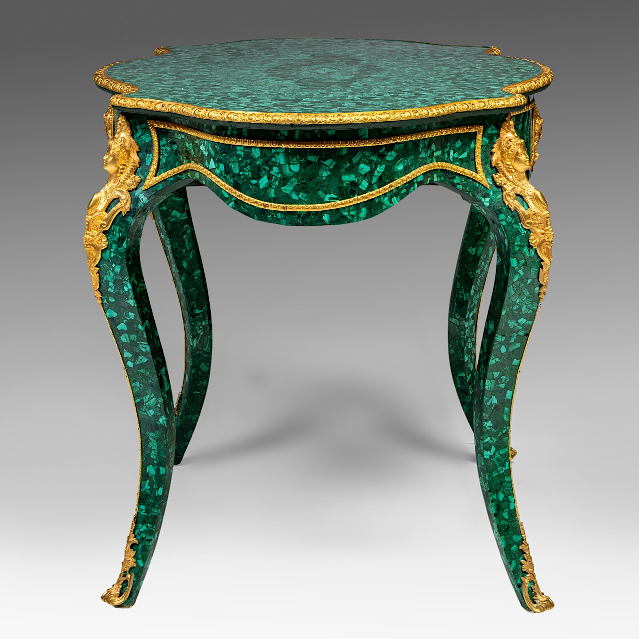 A Napoleon III-style malachite table with gilt bronze mounts, H 138 cm - W 83 cm - D 80 cm - Image 3 of 10