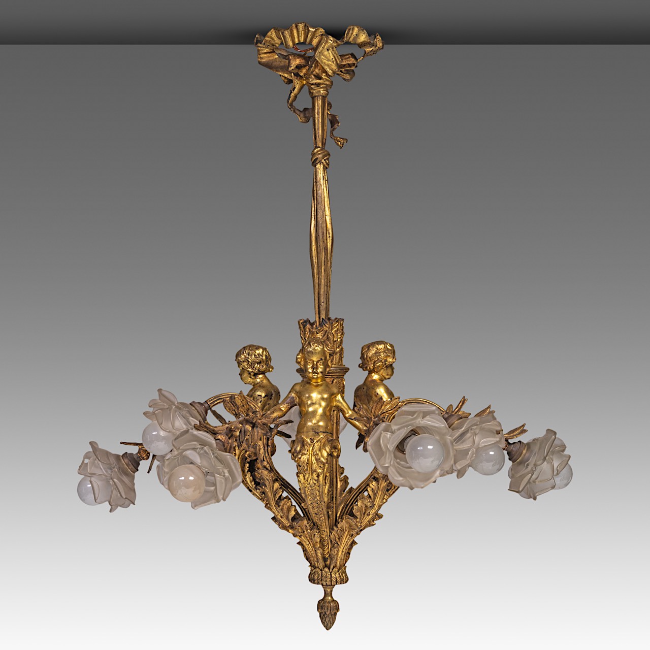 A Neoclassical gilt bronze chandelier, decorated with putti, H 80 cm - Image 3 of 7