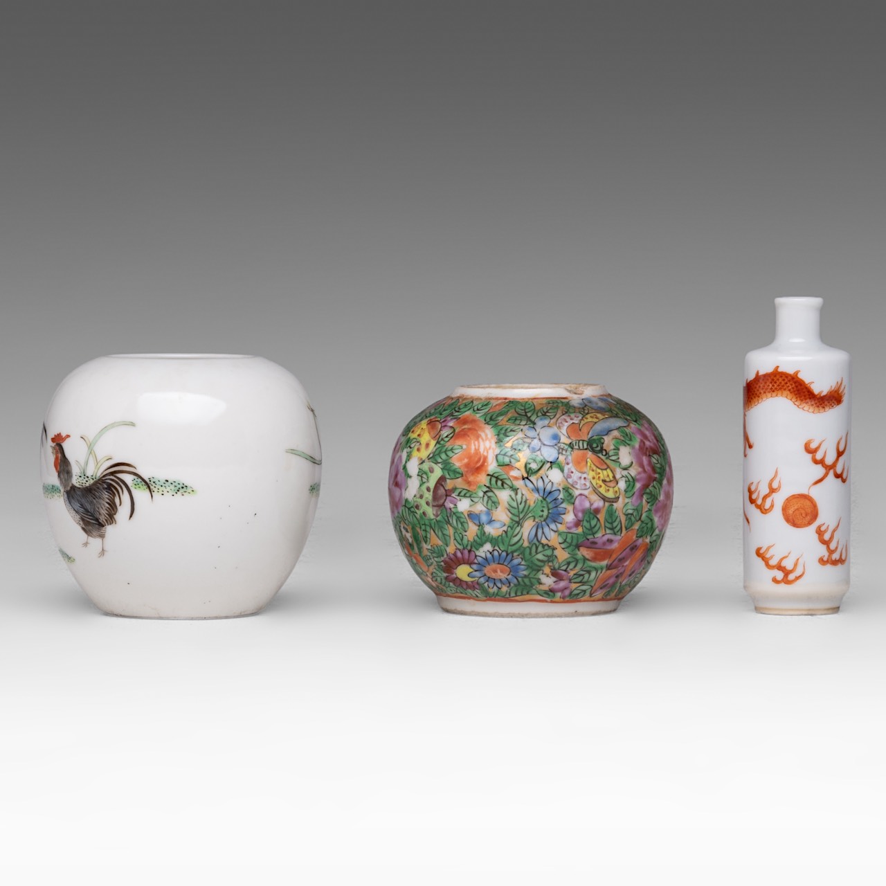A small collection of Chinese famille rose ware, incl. famille rose figural snuff bottle, some marke - Image 3 of 17