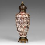 A large Japanese Satsuma vase with gilt bronze lid and base, late 19thC/20thC, total H 108 cm