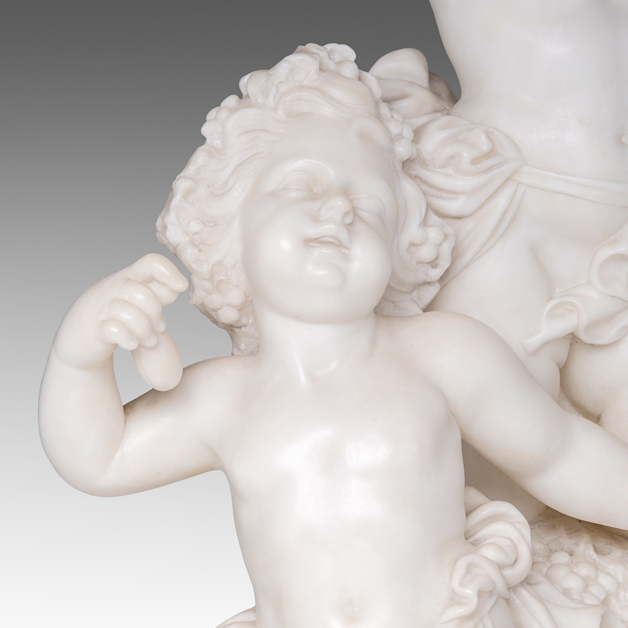 A charming alabaster group of playing putti, on a gilt brass stand, H 68 cm (total) - Image 7 of 9