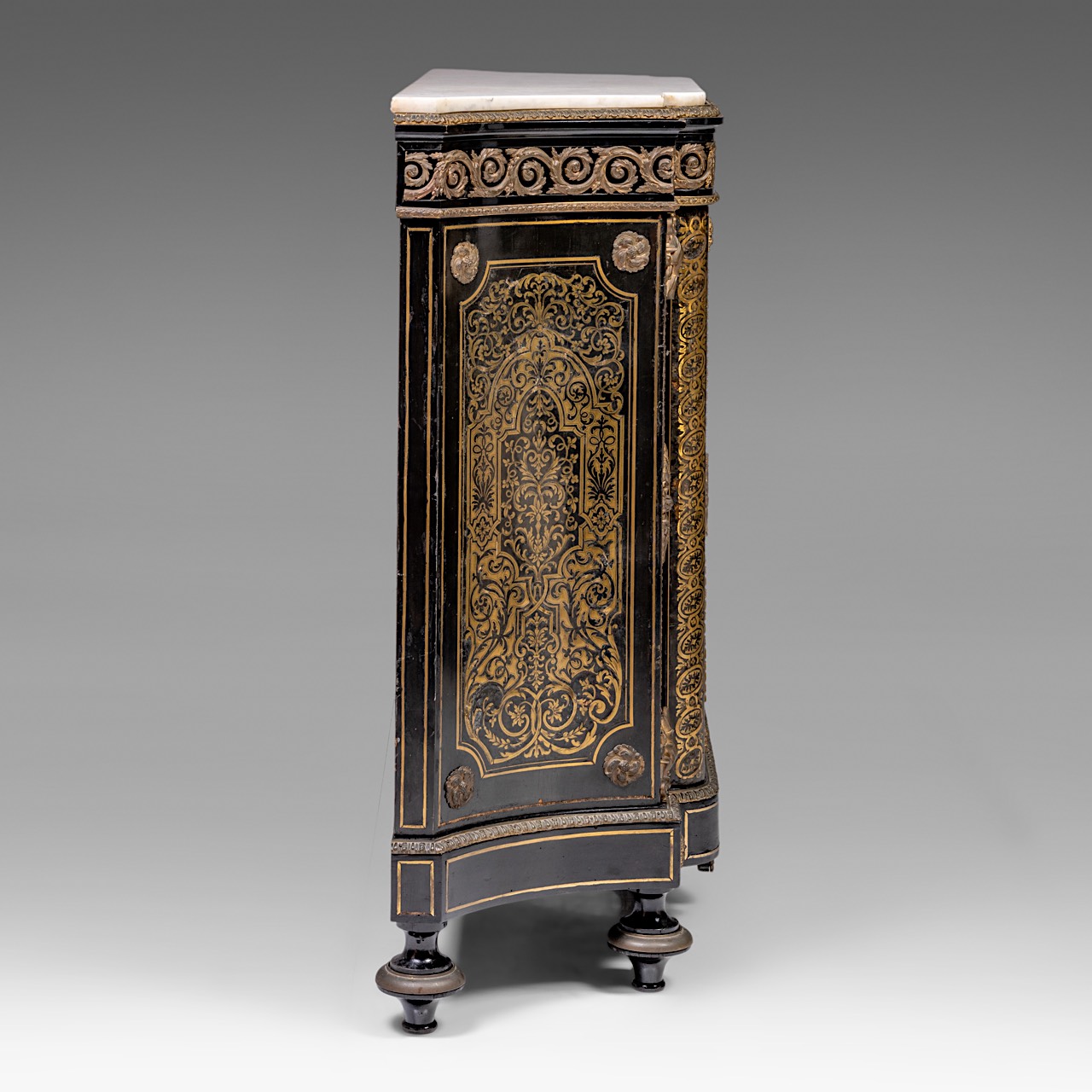 A Napoleon III (1852-1870) Boulle work 'meuble d'appui' with a marble top and gilt bronze mounts, H - Image 6 of 7