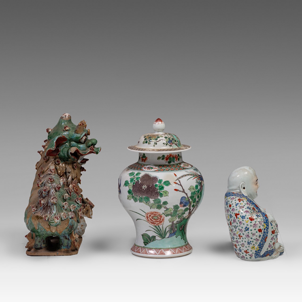 A Chinese famille verte covered baluster vase and a famille rose figure of smiling Budai, early 20th - Image 4 of 8