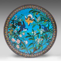 A large Japanese cloisonne enamelled plate with birds, late Meiji (1868-1912), dia 61 cm