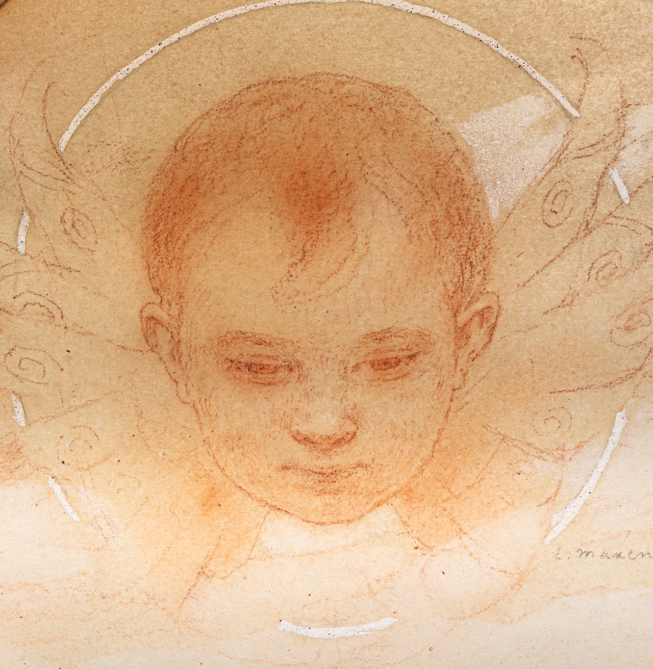Edgard Maxence (1871-1954), study of a cherub's head, sanguine drawing heightened with white gouache - Image 5 of 5