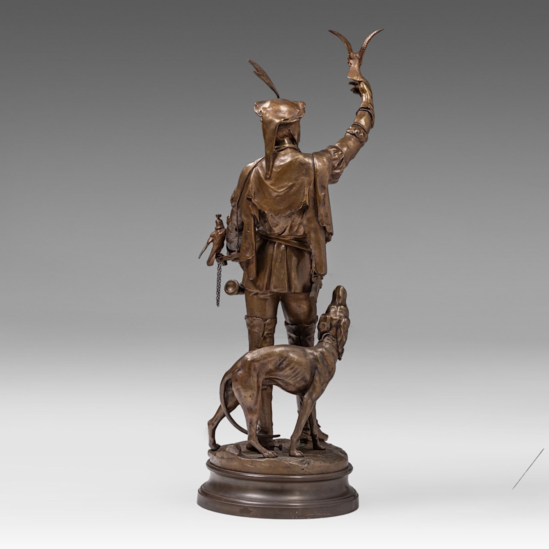Emile Louis Picault (1833-1915), 'Le Fauconnier', patinated bronze, H 85 cm - Bild 4 aus 10