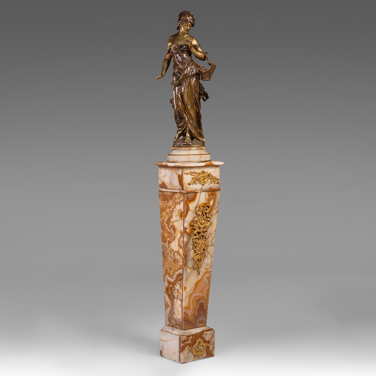 Auguste Moreau (1834-1917), lady with flower basket, patinated bronze on a Neoclassical onyx pedesta - Image 3 of 14