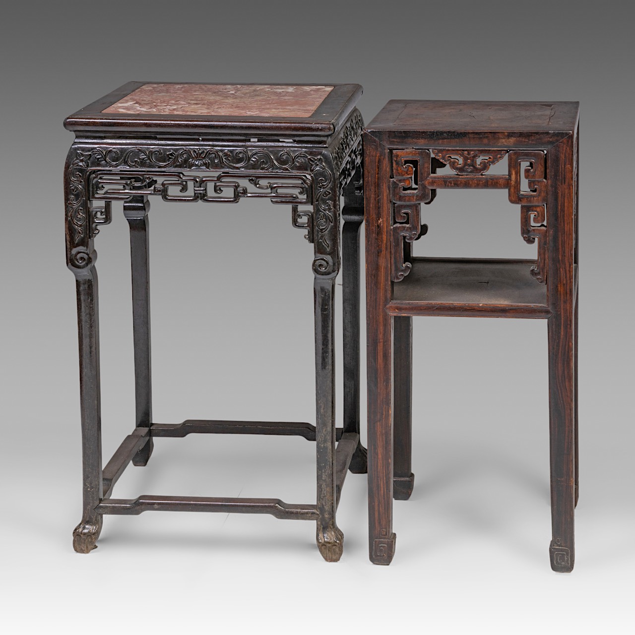 Two South-Chinese carved hardwood bases, one with a marble top, late Qing, largest H 82 - 48 x 48 cm - Image 4 of 7