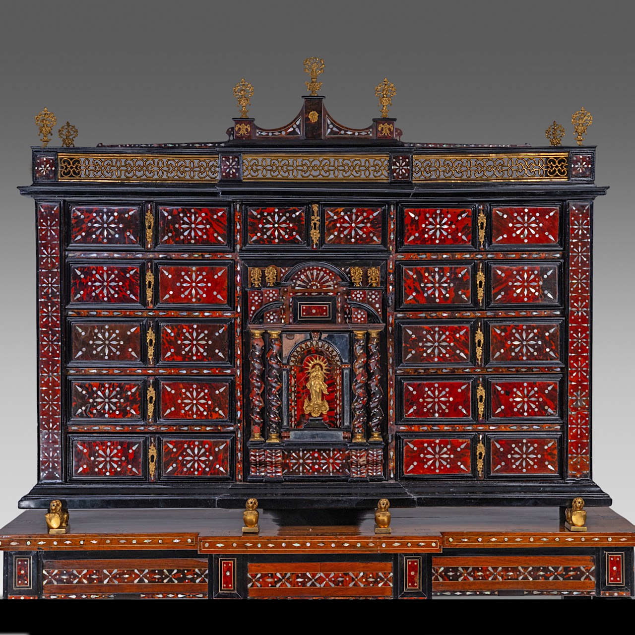 A 17thC cabinet-on-stand, inlaid with tortoiseshell, mother-of-pearl and ivory, H 194 cm (total) (+) - Image 3 of 9