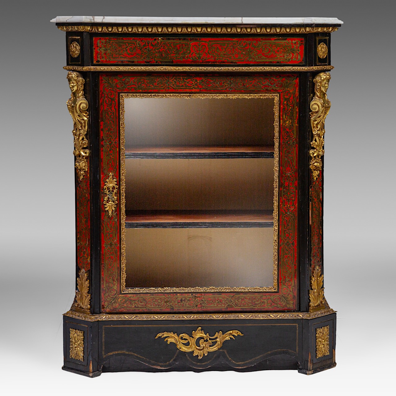 A Napoleon III (1852-1870) Boulle work display cabinet with gilt bronze mounts and marble top, H 112 - Image 2 of 6