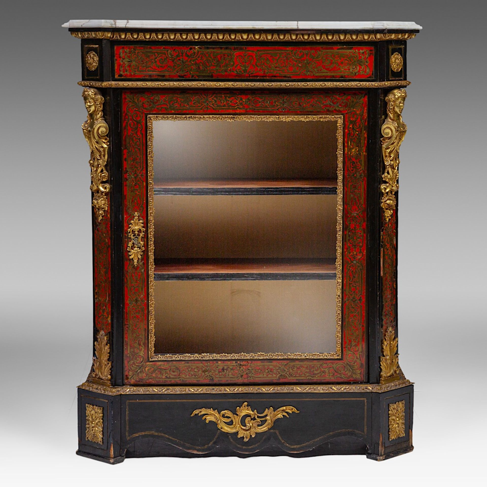 A Napoleon III (1852-1870) Boulle work display cabinet with gilt bronze mounts and marble top, H 112 - Bild 2 aus 6