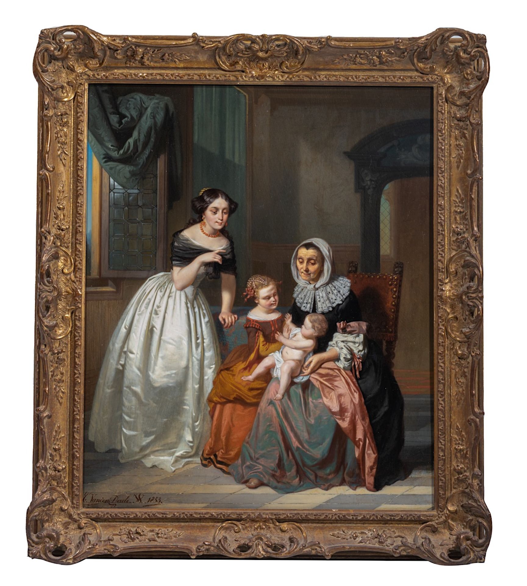 Casimir van den Daele (1818-1880), a visit from grandma, 1853, oil on panel 63 x 52 cm. (24.8 x 20.4 - Bild 2 aus 6